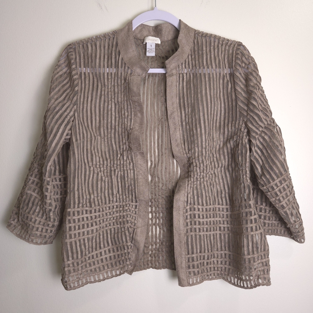 CHICO'S Artsy Brown Sheer 3/4 Sleeve Lightweight Open Jacket 1 / M